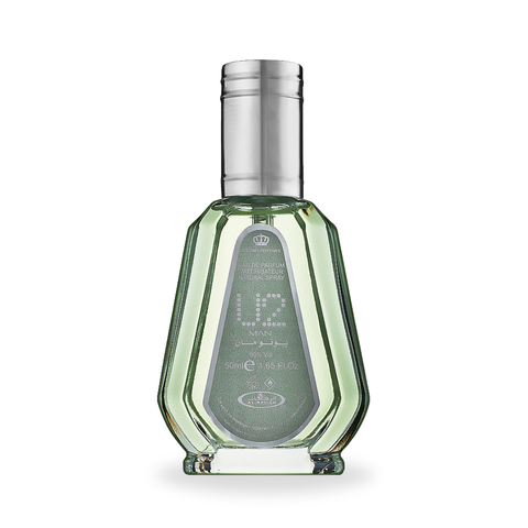 Al Rehab U2 MAN Eau De Parfum 50ml bottle with sleek black packaging and silver accents, stylish men's fragrance display.