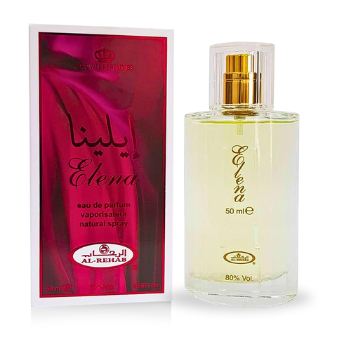 Al Rehab Elena EDP 50ml bottle showcasing elegant perfume packaging and design for women.