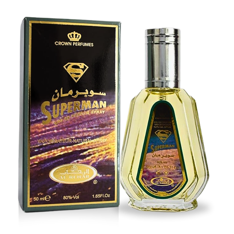 Al Rehab Super Man Eau De Parfum 50ML bottle with sleek design, showcasing the masculine fragrance packaging.