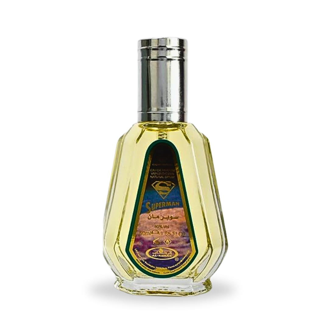 Al Rehab Super Man EDP Eau De Parfum 50ML bottle, featuring sleek packaging and masculine fragrance design.