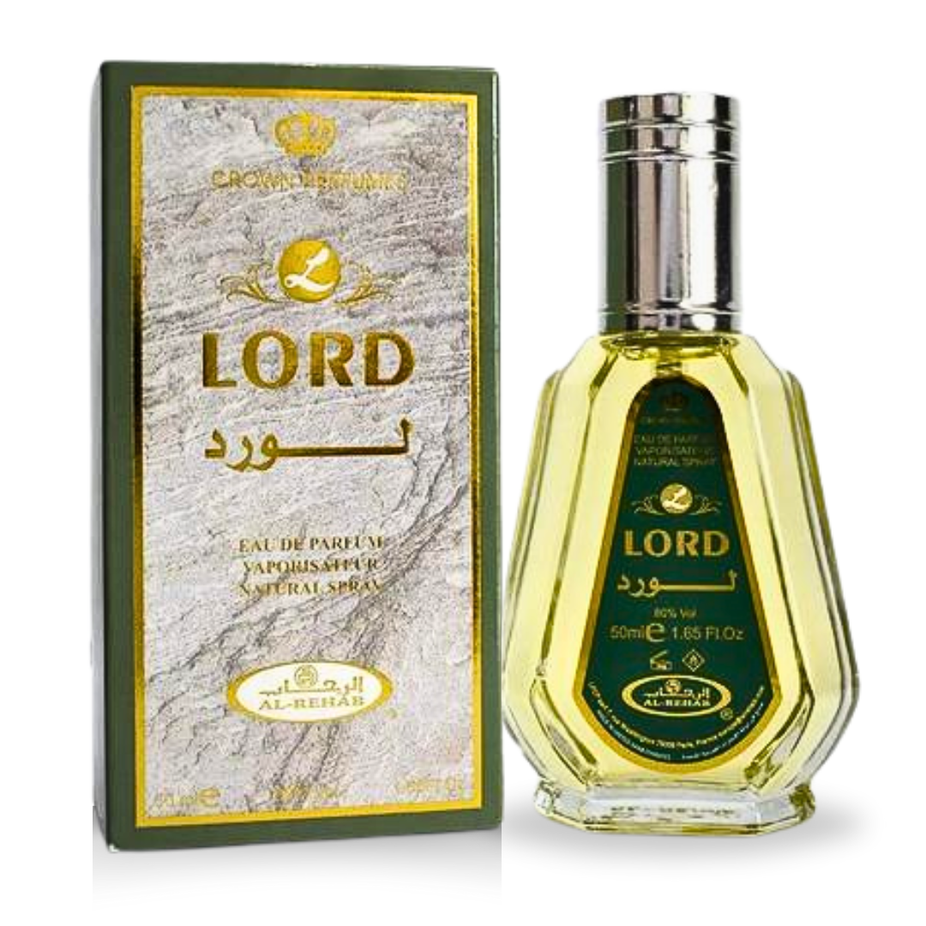 Al Rehab Lord EDP Eau De Parfum 50ML fragrance bottle with elegant packaging and spray nozzle, showcasing the perfume design.