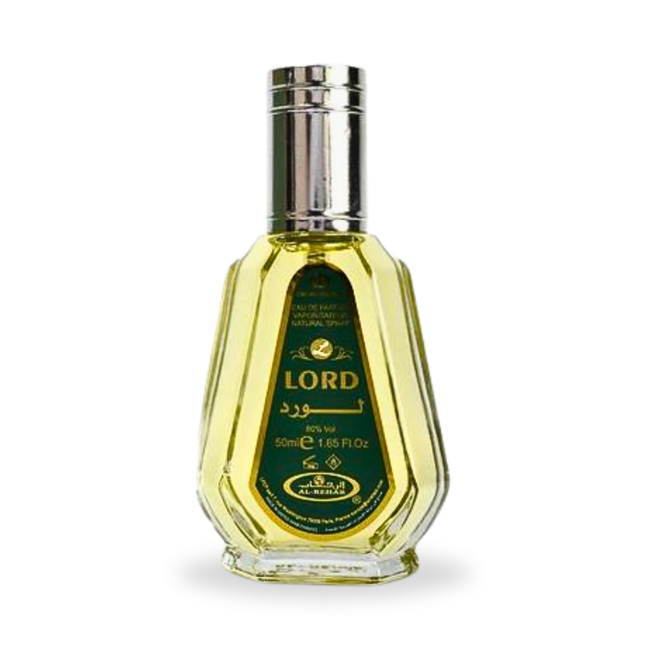 Al Rehab Lord EDP Eau De Parfum 50ML bottle with elegant packaging and floral fragrance accents.