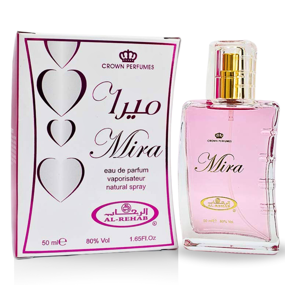 Mira EDP by Al Rehab, 50ML Eau De Parfum bottle with elegant design and clear glass showcasing the fragrance inside.