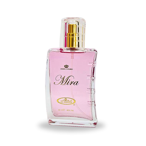 Al Rehab Mira Eau de Parfum spray in 50ml bottle with velvet pouch, elegant perfume bottle and packaging.