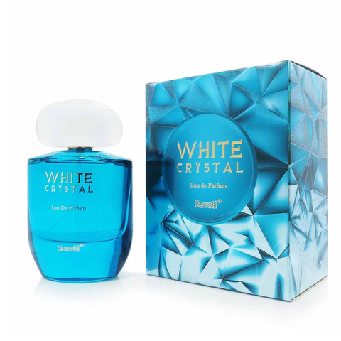 White Crystal Eau De Parfum 100ML by Surrati, elegant white bottle of exotic fragrance for men and women.