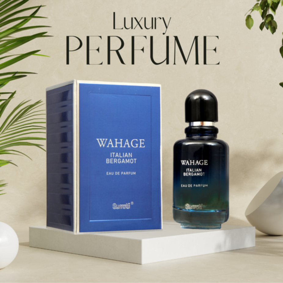 Surrati Wahage Italian Bergamot Eau De Parfum 100ml bottle, showcasing the elegant design of this exotic unisex fragrance.