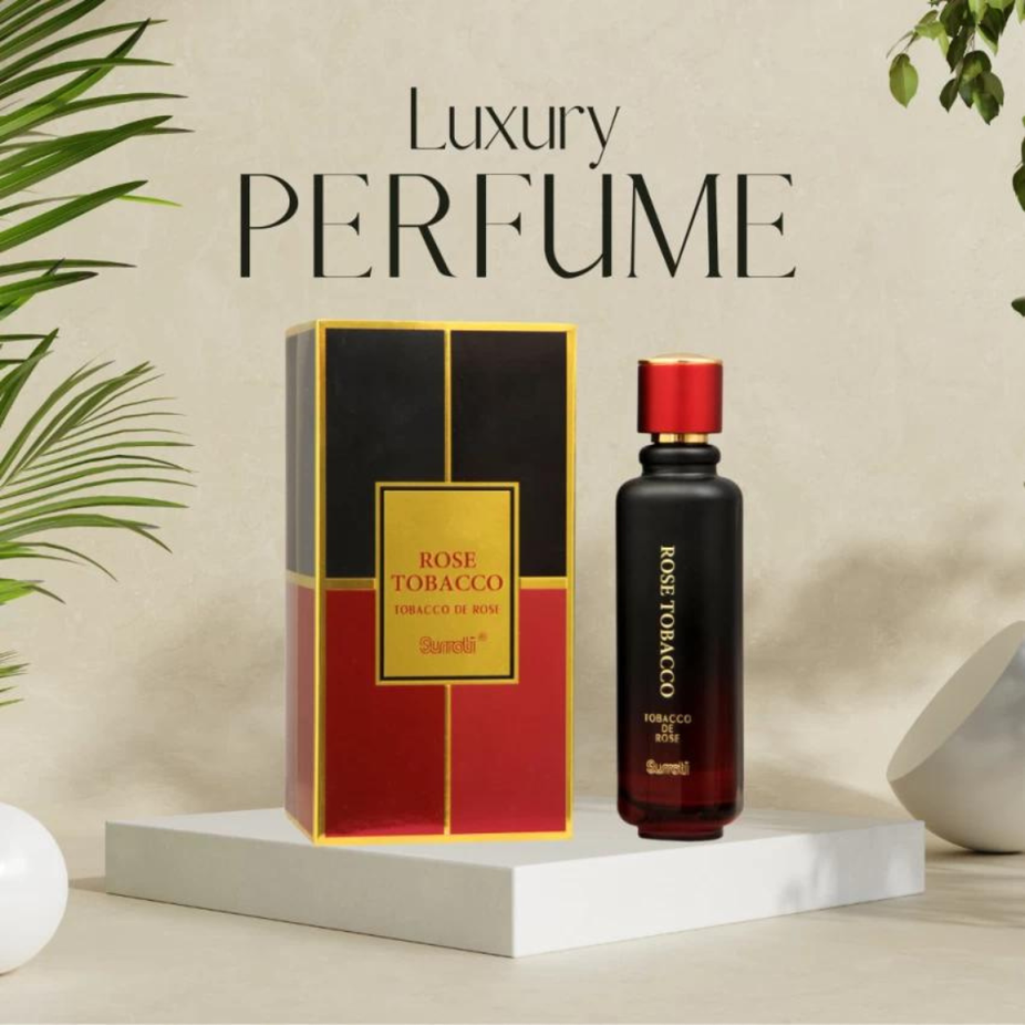 Rose Tobacco EDP by Surrati, 100ml bottle, elegant floral and smoky fragrance for men and women, with a rose and tobacco scent.