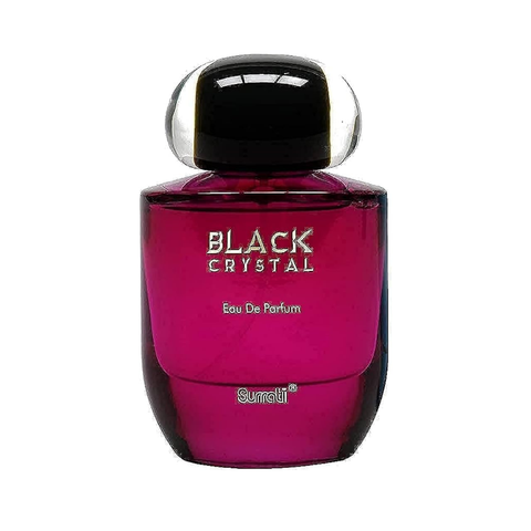 Black Crystal EDP by Surrati, 100ML Eau De Parfum bottle with black and gold accents, elegant design for men and women.