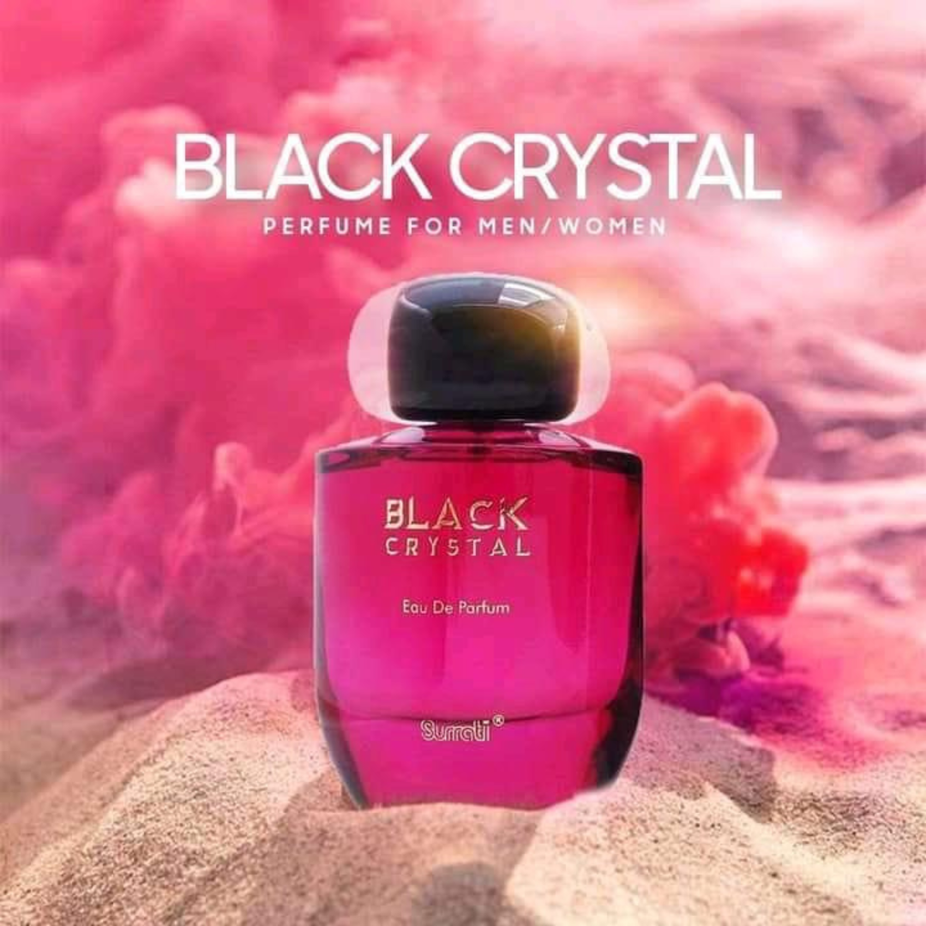 Surrati Black Crystal EDP Eau De Parfum 100ML bottle with black and crystal accents, unisex exotic fragrance for men and women.