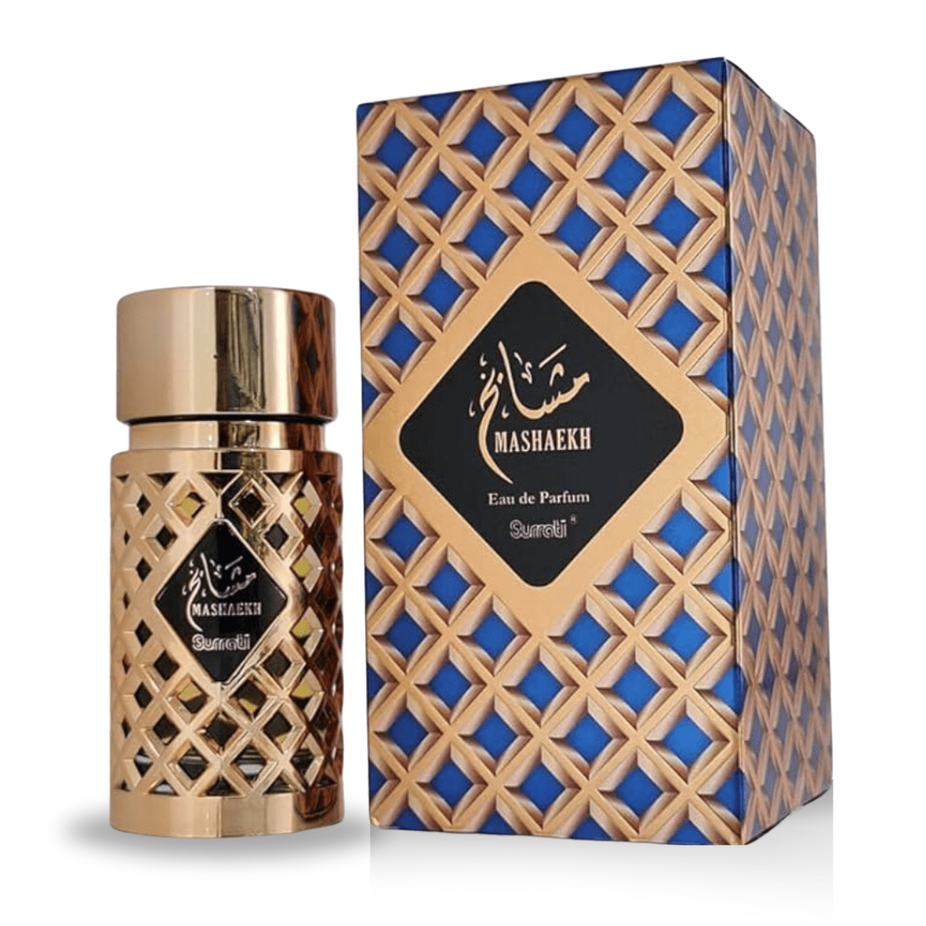 Surrati Mashaekh EDP 100ML Eau De Parfum bottle with exotic fragrance for men and women, featuring intricate design details.