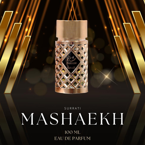 Surrati Mashaekh EDP 100ML perfume bottle with elegant design, suitable for men and women, exotic fragrance for all occasions.