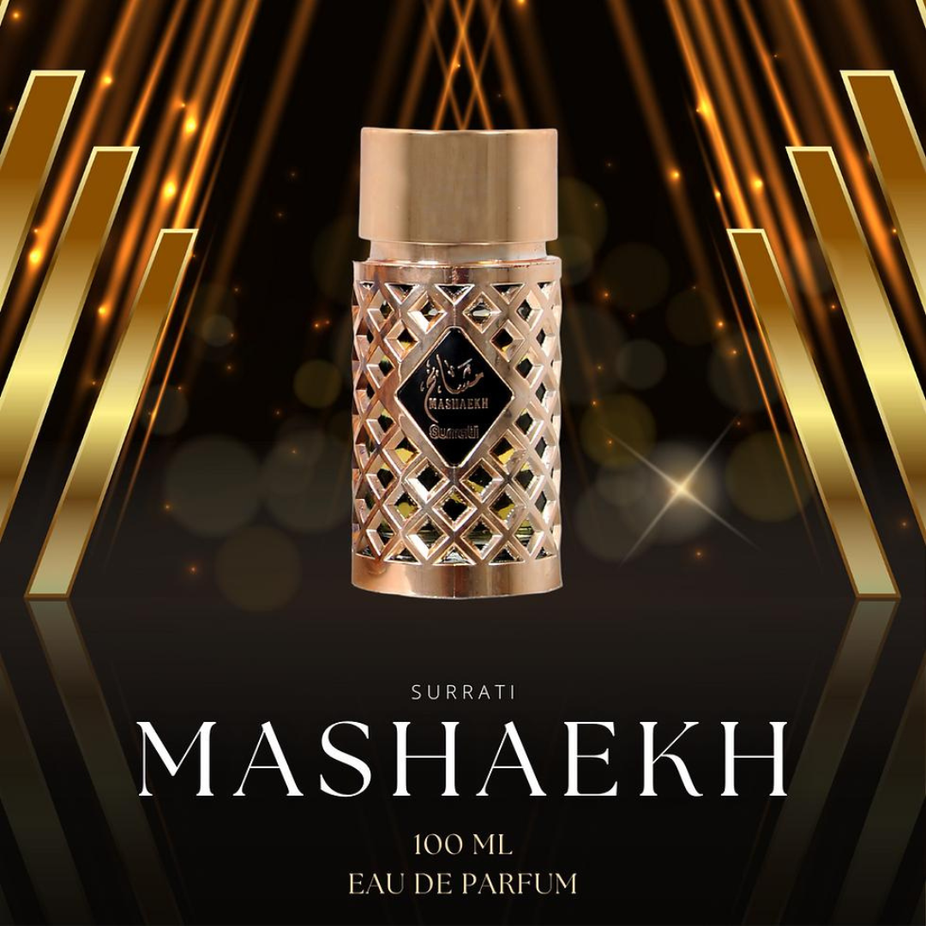 Surrati Mashaekh EDP 100ml bottle featuring exotic perfume for men and women with elegant packaging and floral notes.