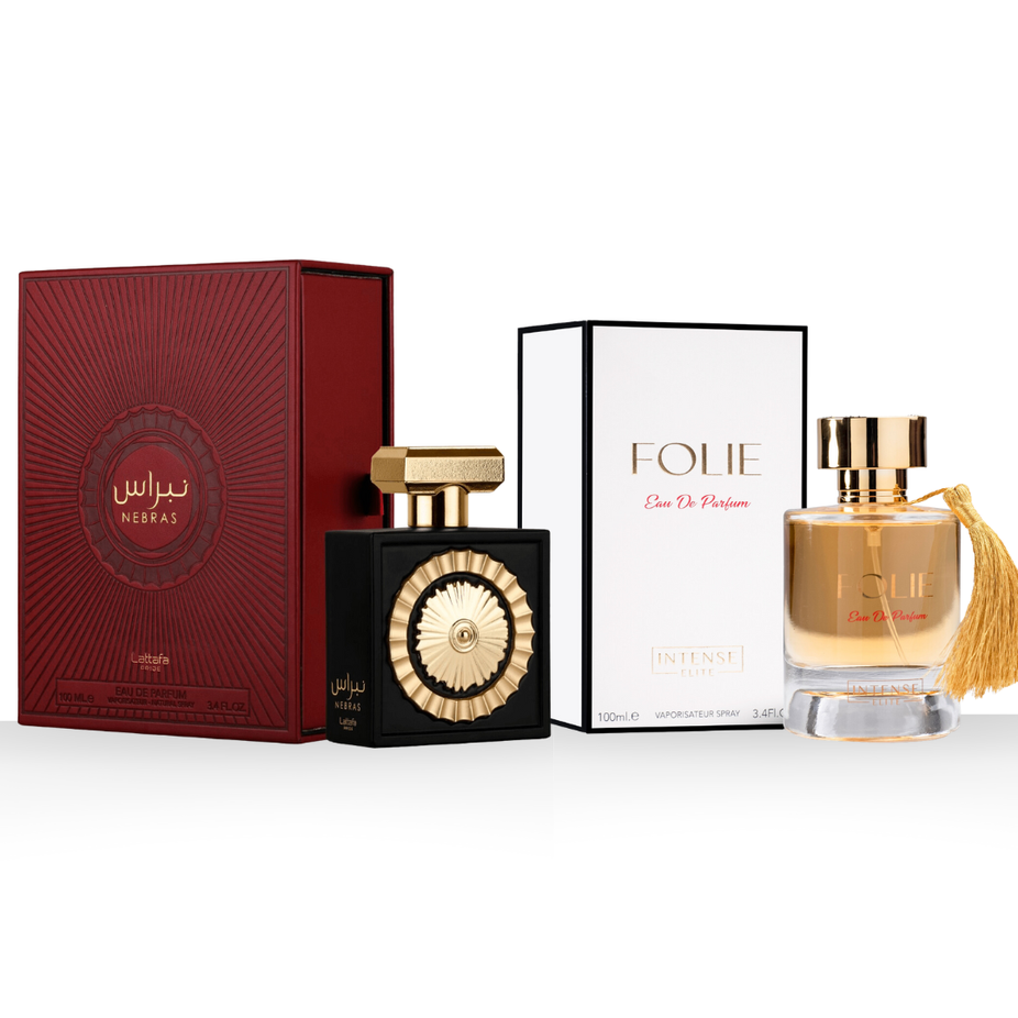 Bundle of Nebras EDP and Folie EDP by Intense Oud, featuring two 100ml perfume bottles in elegant packaging.