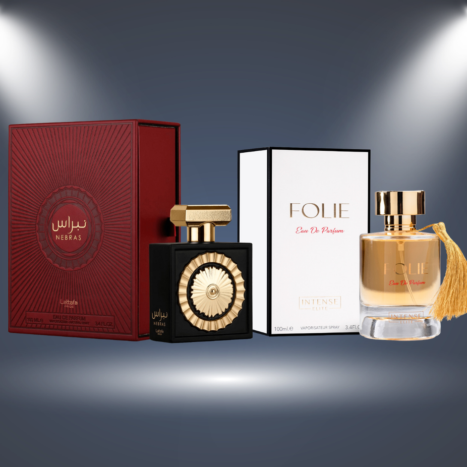 Bundle of Nebras EDP and Folie EDP by Intense Oud, featuring two 100ml bottles of luxurious fragrances in a stylish display.