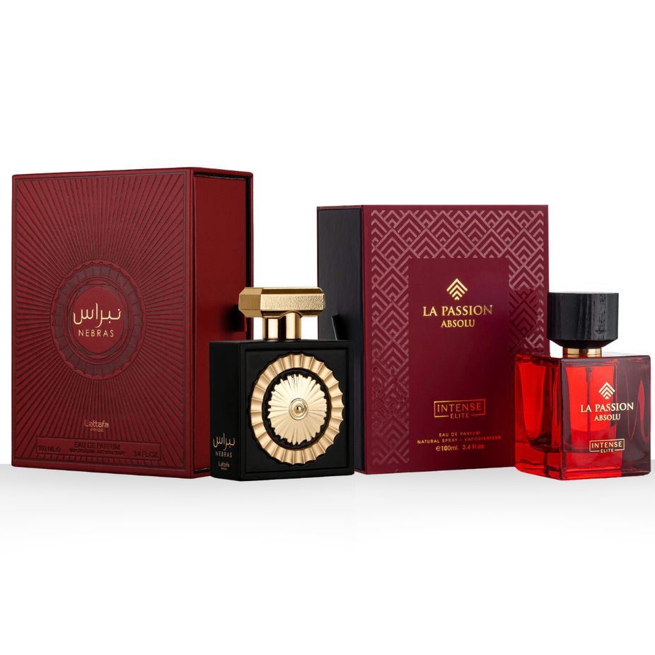 Exotic perfume bundle featuring Nebras EDP and La Passion Absolu EDP by Intense Oud, 100ml each in elegant glass bottles.
