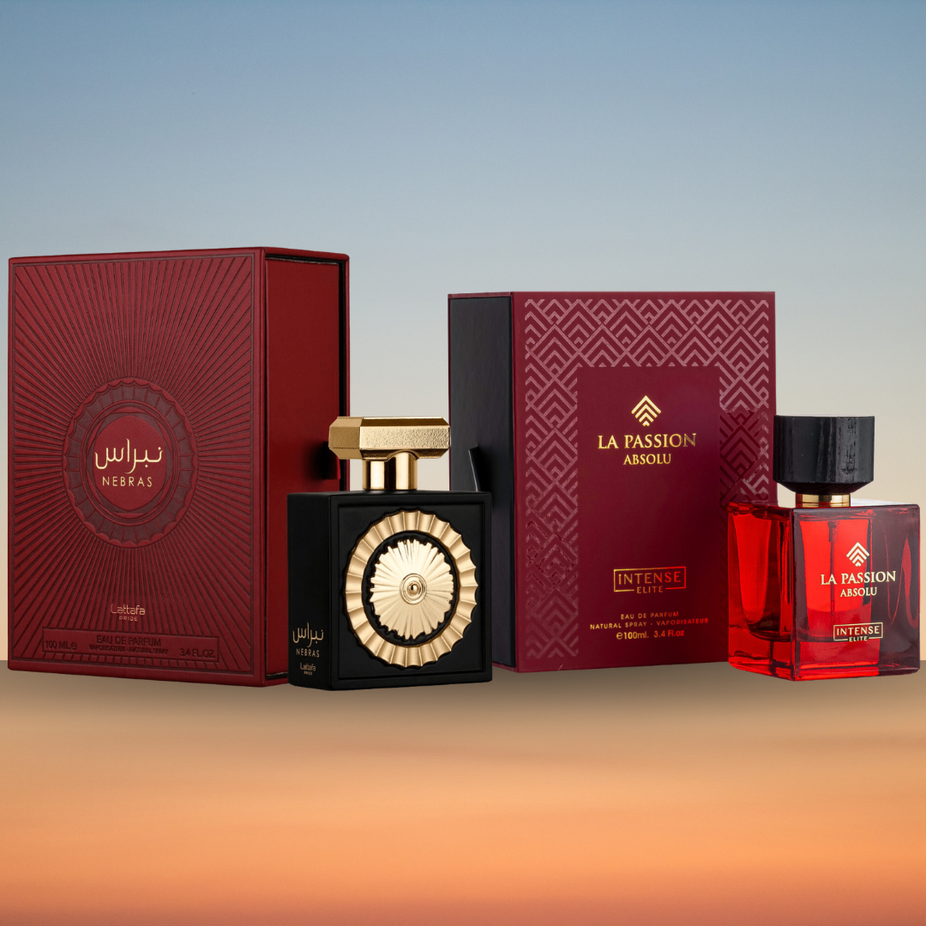 Exotic perfume bundle featuring Nebras EDP and La Passion Absolu EDP by Intense Oud, showcasing elegant perfume bottles.