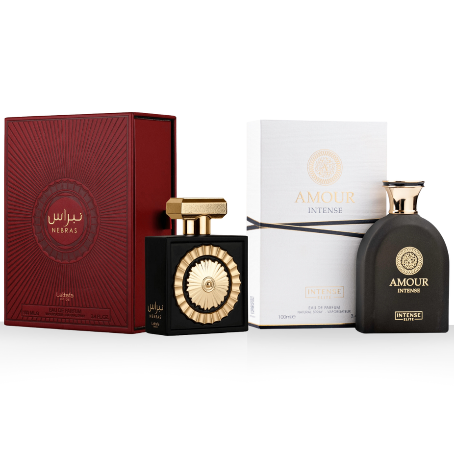 Lattafa Pride Nebras EDP and Intense Elite Amour Intense EDP bundle featuring two 100ml bottles by Intense Oud.