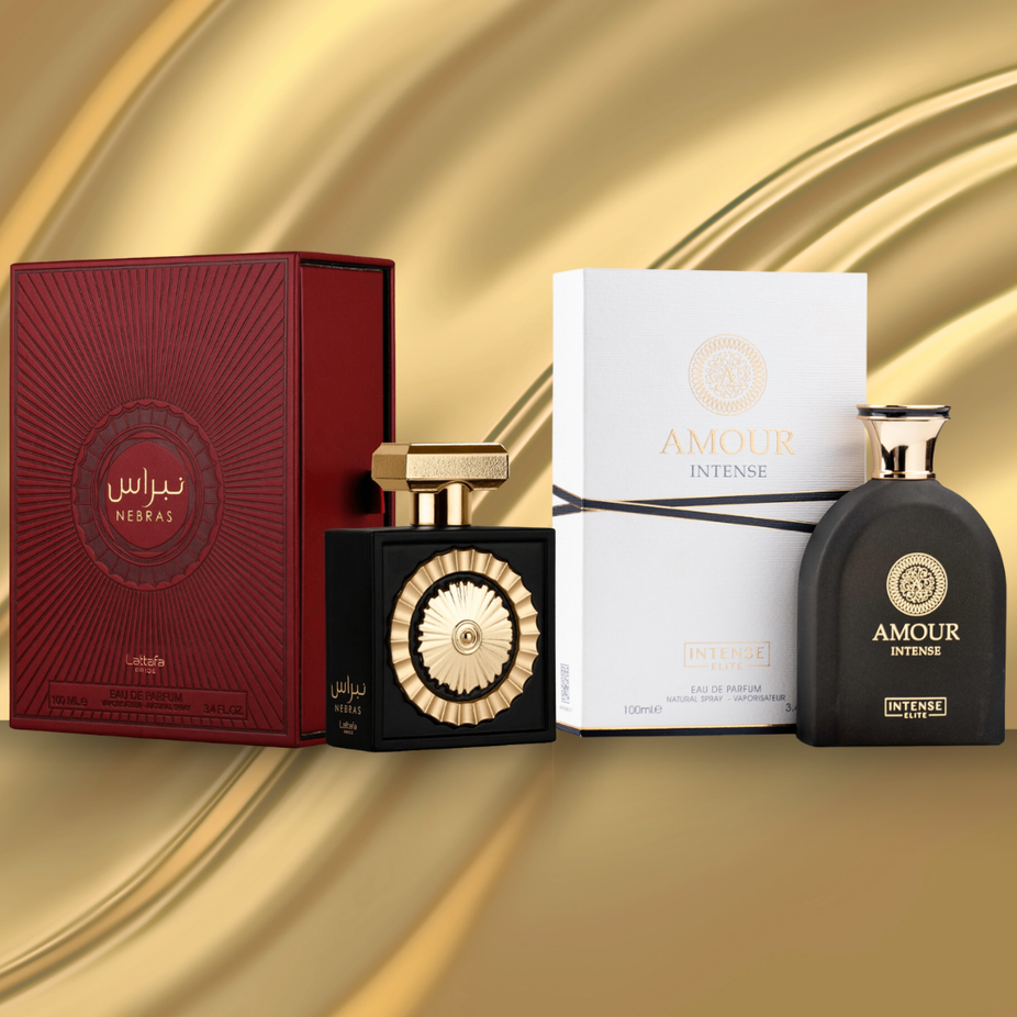 Lattafa Pride Nebras EDP and Intense Elite Amour Intense EDP bundle featuring 100ml bottles, showcasing luxurious perfume packaging.