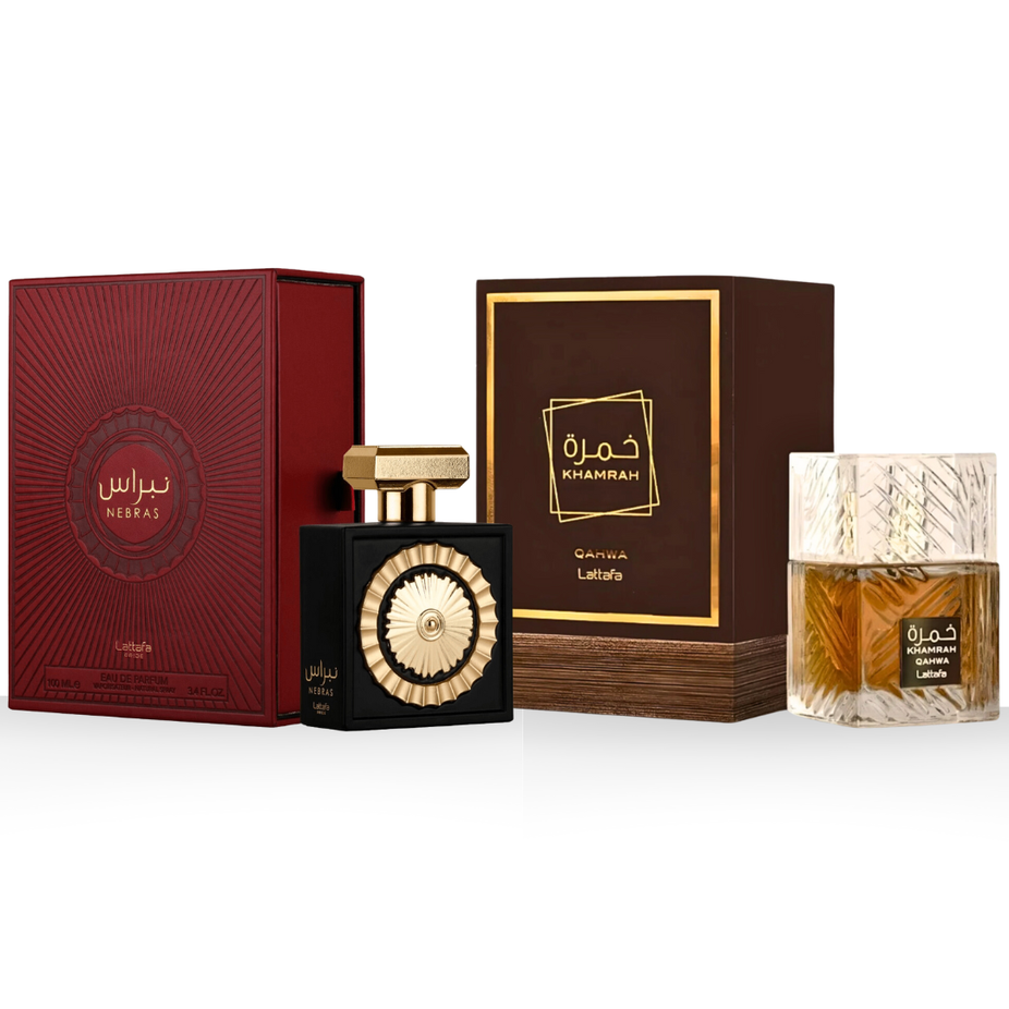 Lattafa Nebras and Khamrah Qahwa EDP perfume bundle, 100ml each, featuring elegant bottles from the Lattafa fragrance collection.