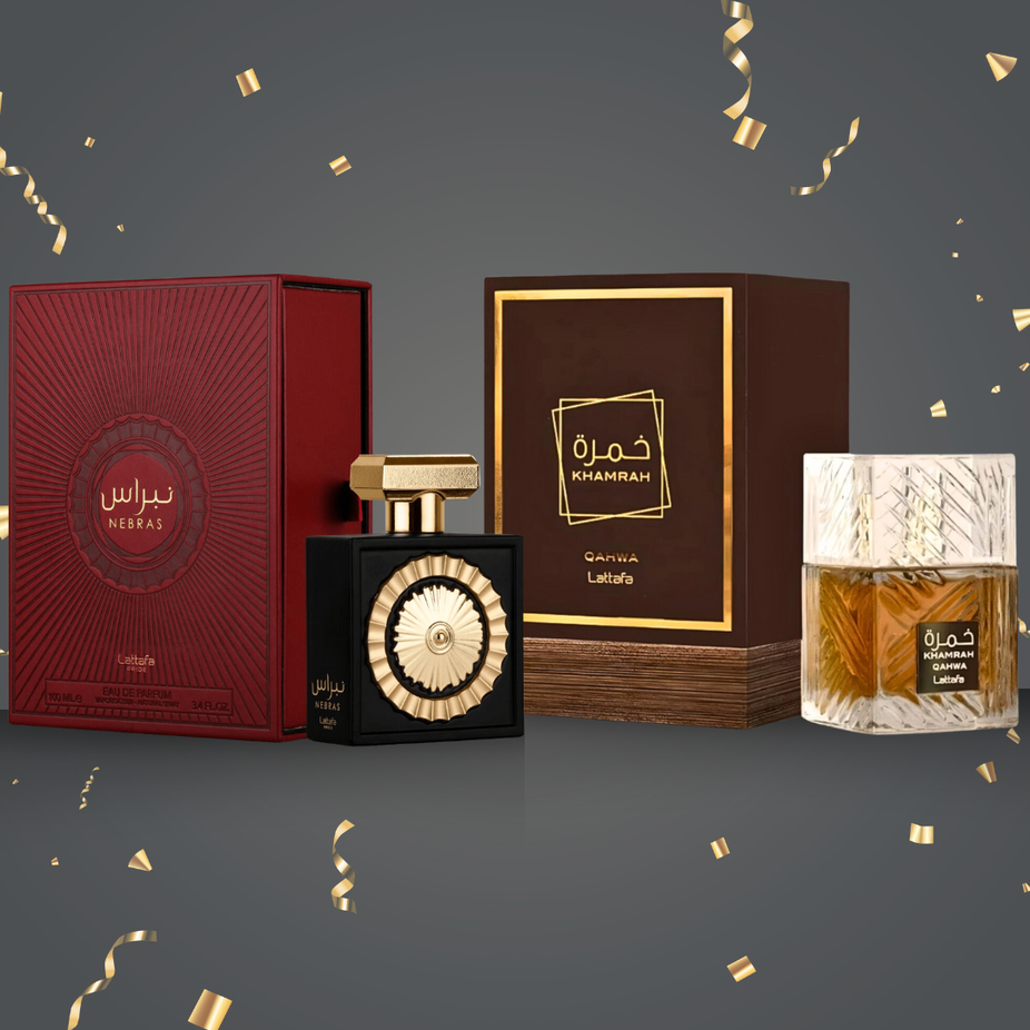 Lattafa Nebras and Khamrah Qahwa EDP perfume bundle, 100ml bottles, showcasing elegant packaging and fragrance details.