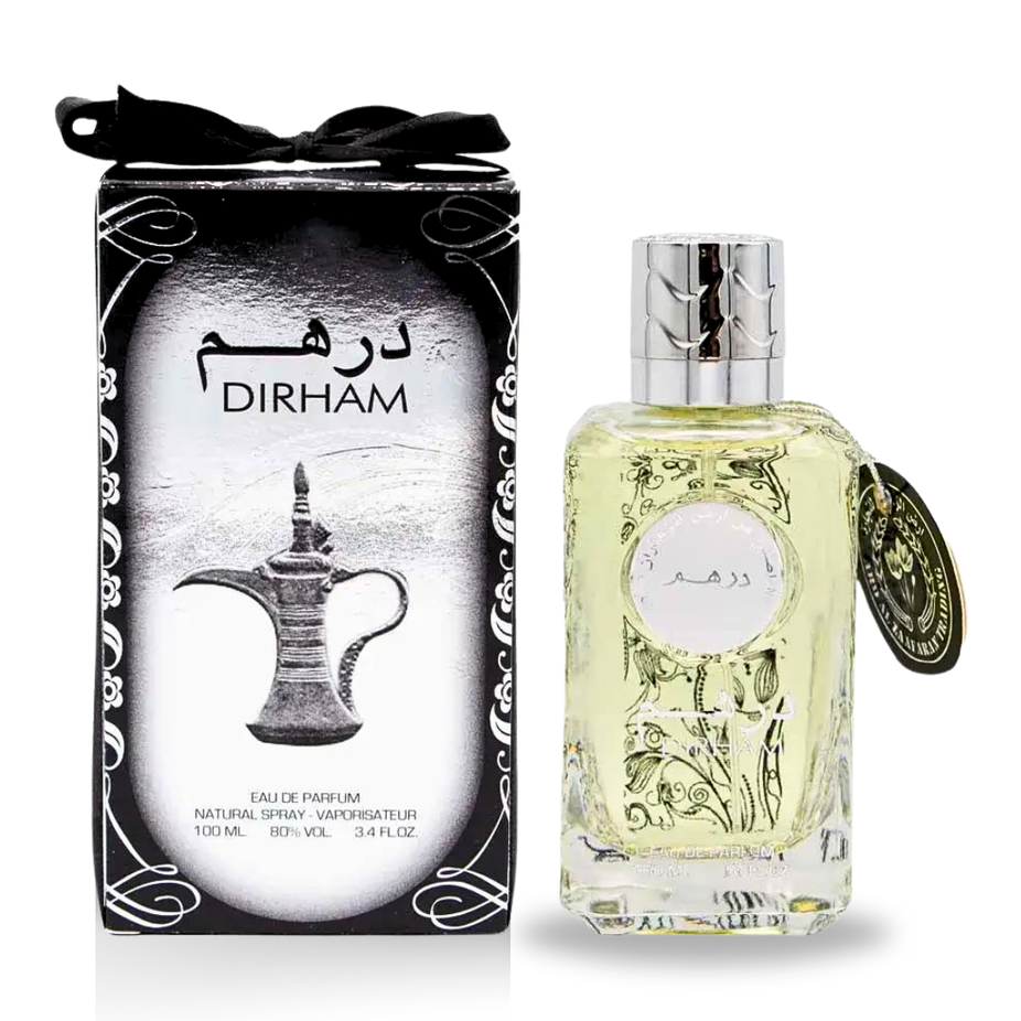Dirham EDP 100mL by Ard Al Zaafaran, unisex Eau De Parfum with a sweet aroma, featuring a sleek bottle design.
