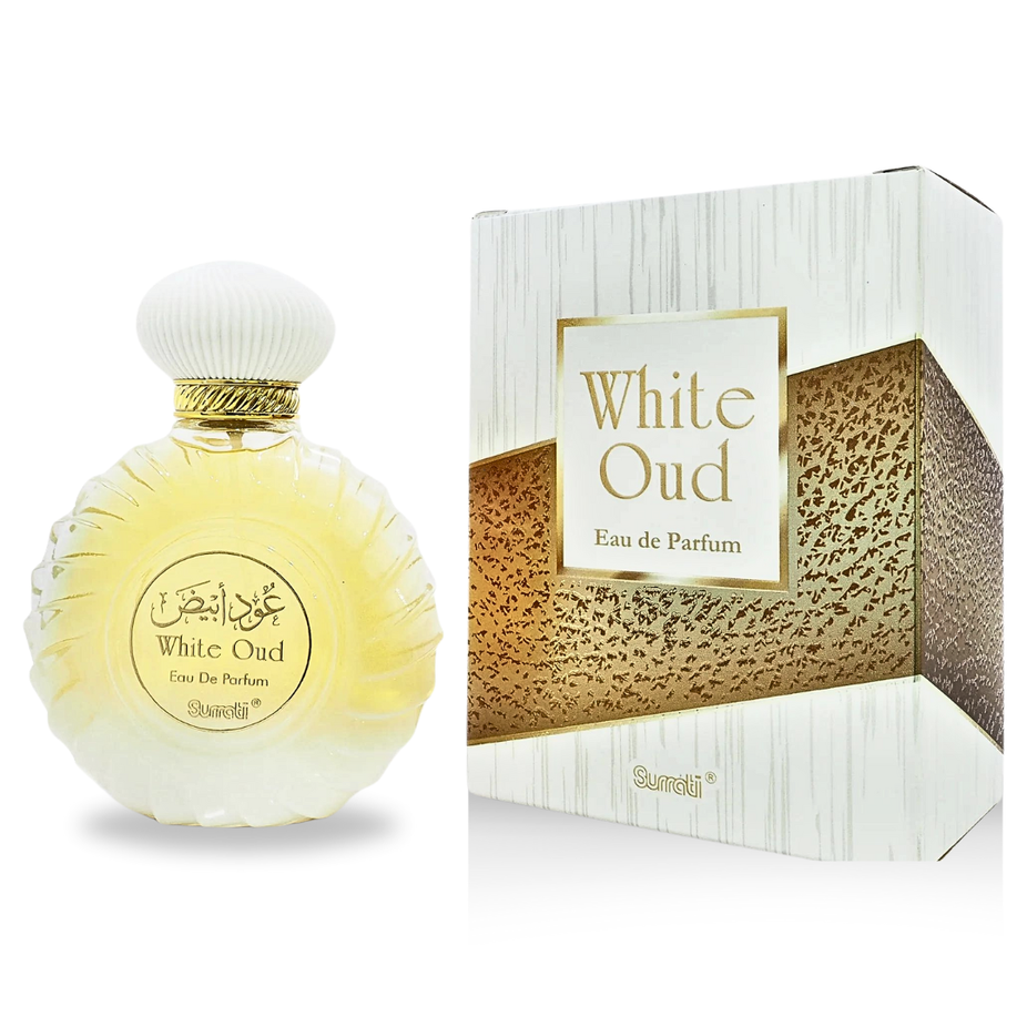 White Oud Eau de Parfum spray by Surrati, 100ml, showcasing the elegant white bottle with a sleek design.
