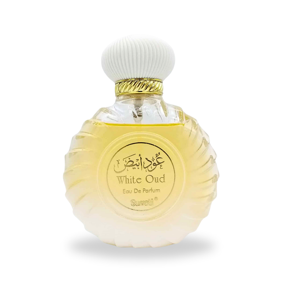 White Oud Eau de Parfum spray by Surrati, 100ml, featuring a sleek bottle with white and gold accents.
