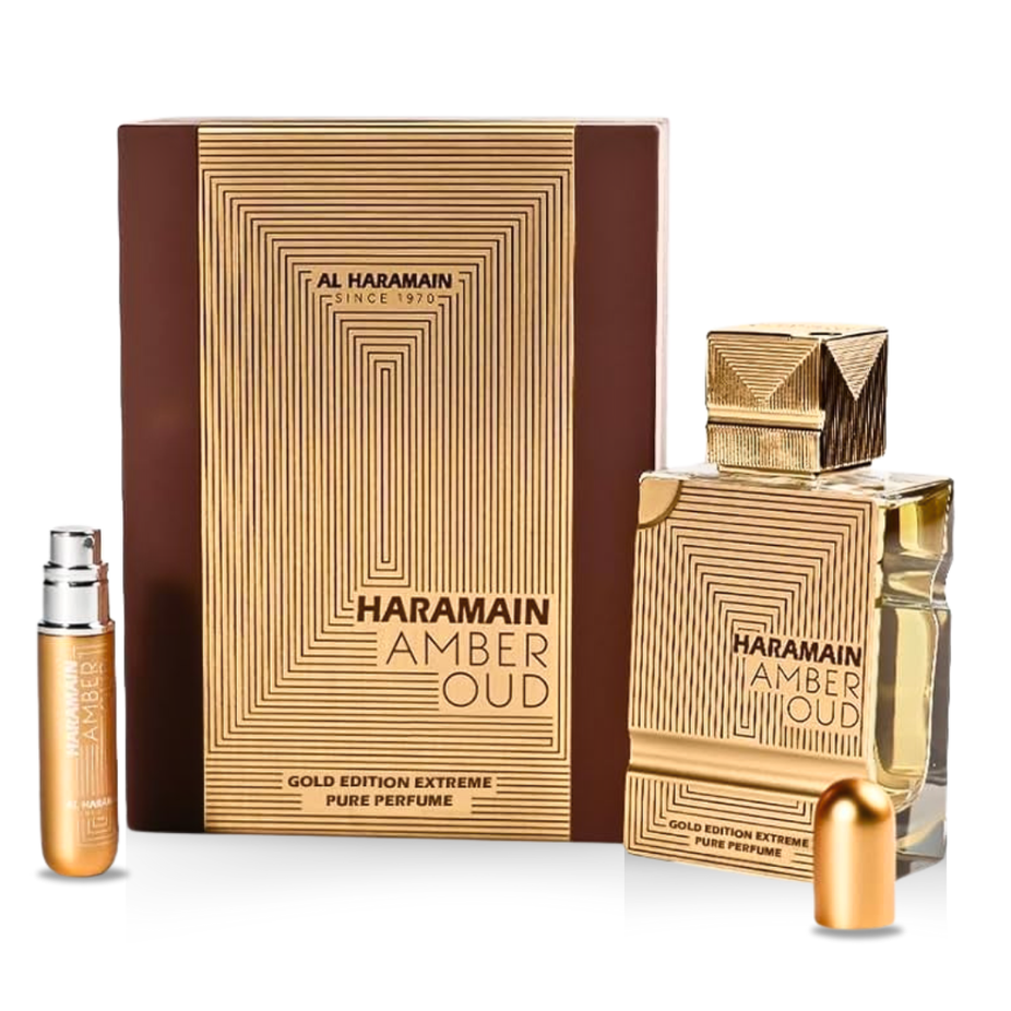 Al Haramain Amber Oud Gold Extreme perfume Eau de Parfum spray, 60ml, featuring a luxurious amber and oud fragrance bottle.