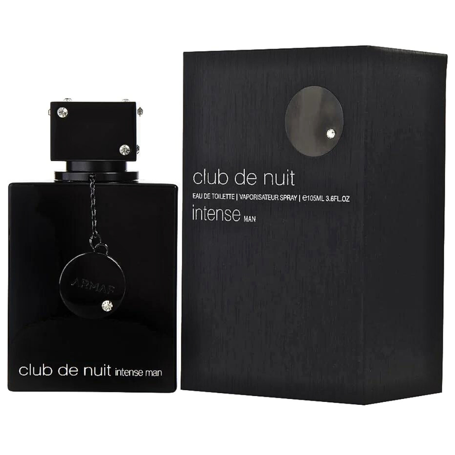 Armaf Club De Nuit Intense for Men Eau de Toilette spray 105ml, featuring a sleek bottle design and dark fragrance liquid.