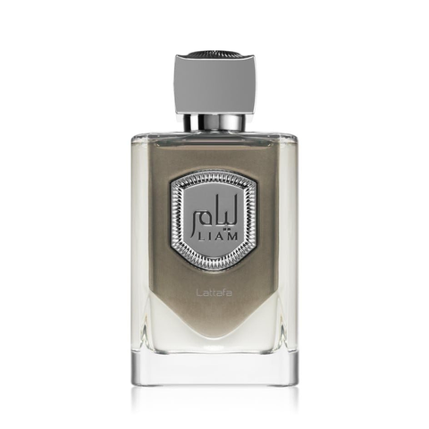 Liam Grey Eau de Parfum spray by Lattafa in a velvet pouch, 100ml bottle with sleek design and elegant packaging.
