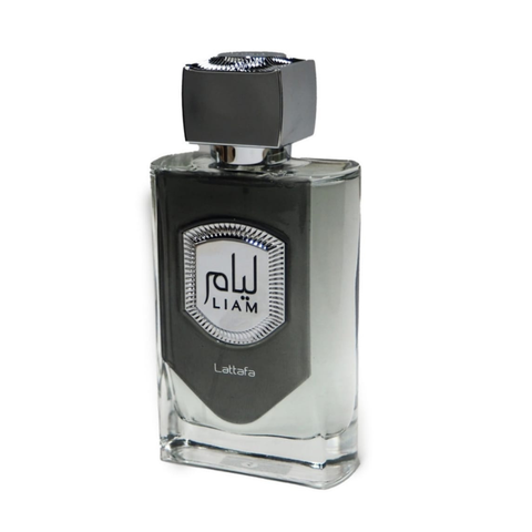 Liam Grey Eau de Parfum spray by Lattafa in a velvet pouch, 100ml bottle with sleek design and silver accents.
