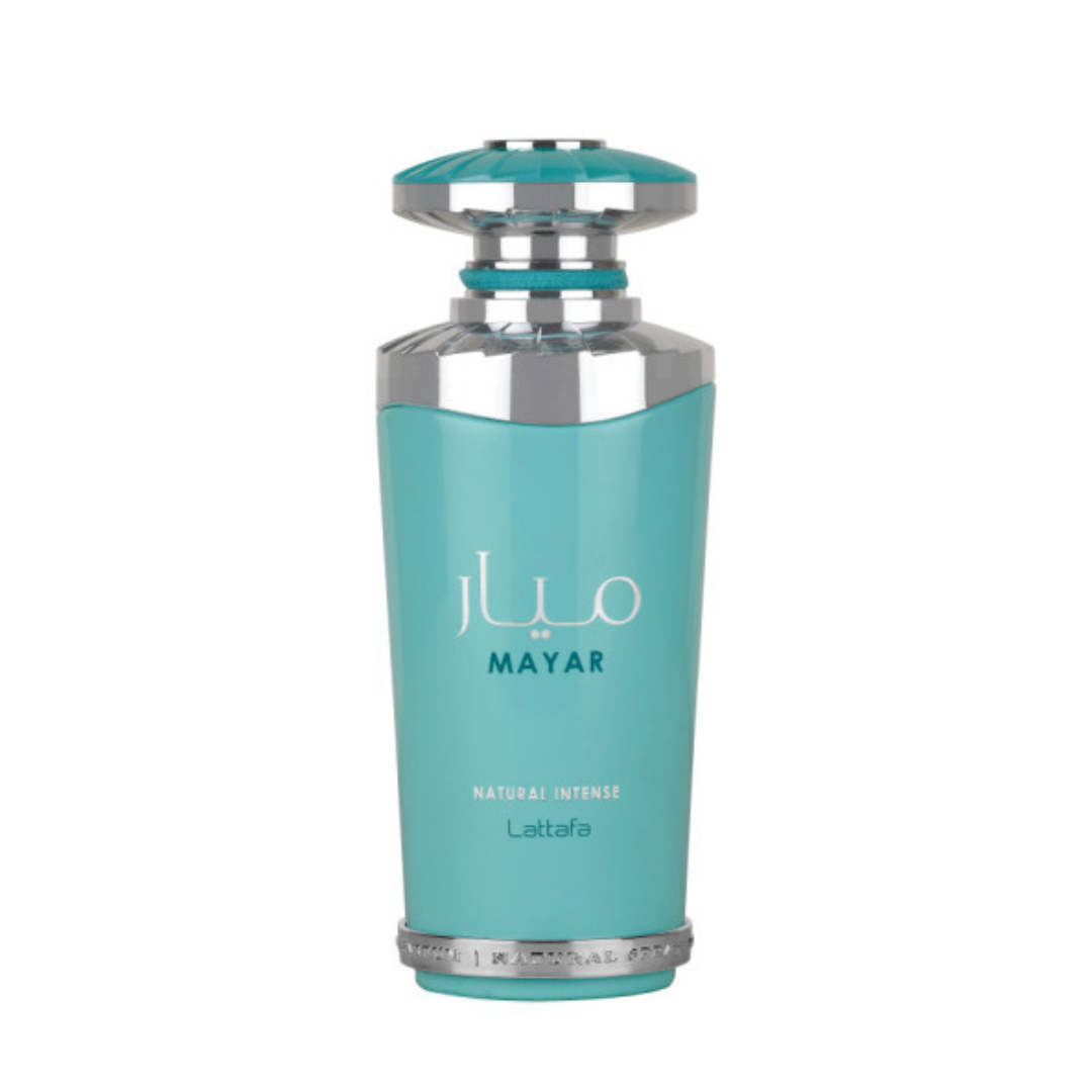 Lattafa Mayar Natural Intense Eau de Parfum spray 100ml with velvet pouch, featuring elegant fragrance bottle and luxurious packaging