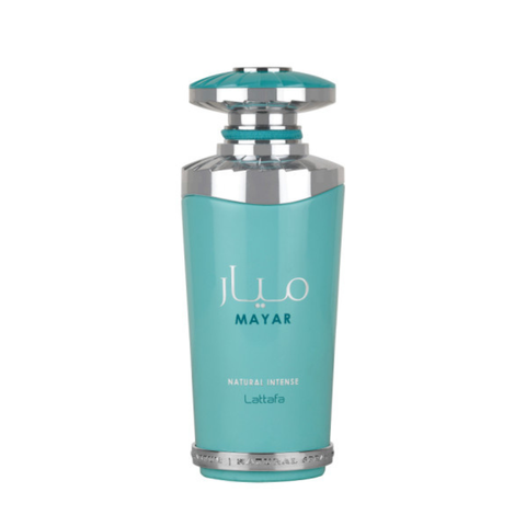 Lattafa Mayar Natural Intense Eau de Parfum spray 100ml with velvet pouch, featuring elegant fragrance bottle and luxurious packaging