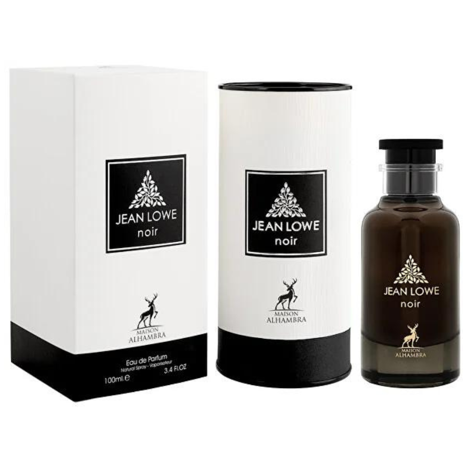 Jean Lowe Noir Eau de Parfum spray by Maison Alhambra, 100ml, featuring a sleek black bottle with elegant design details.