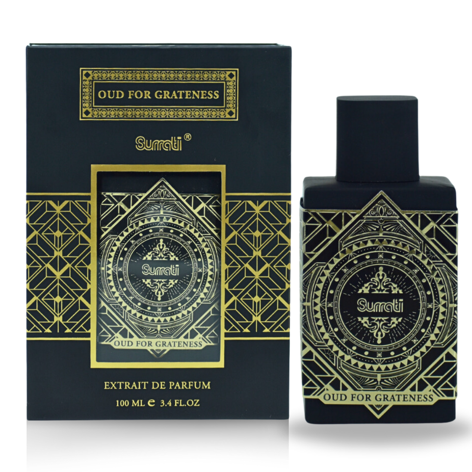 Surrati Oud For Grateness EDP 100ml bottle, exotic unisex fragrance with intricate gold and black packaging design.