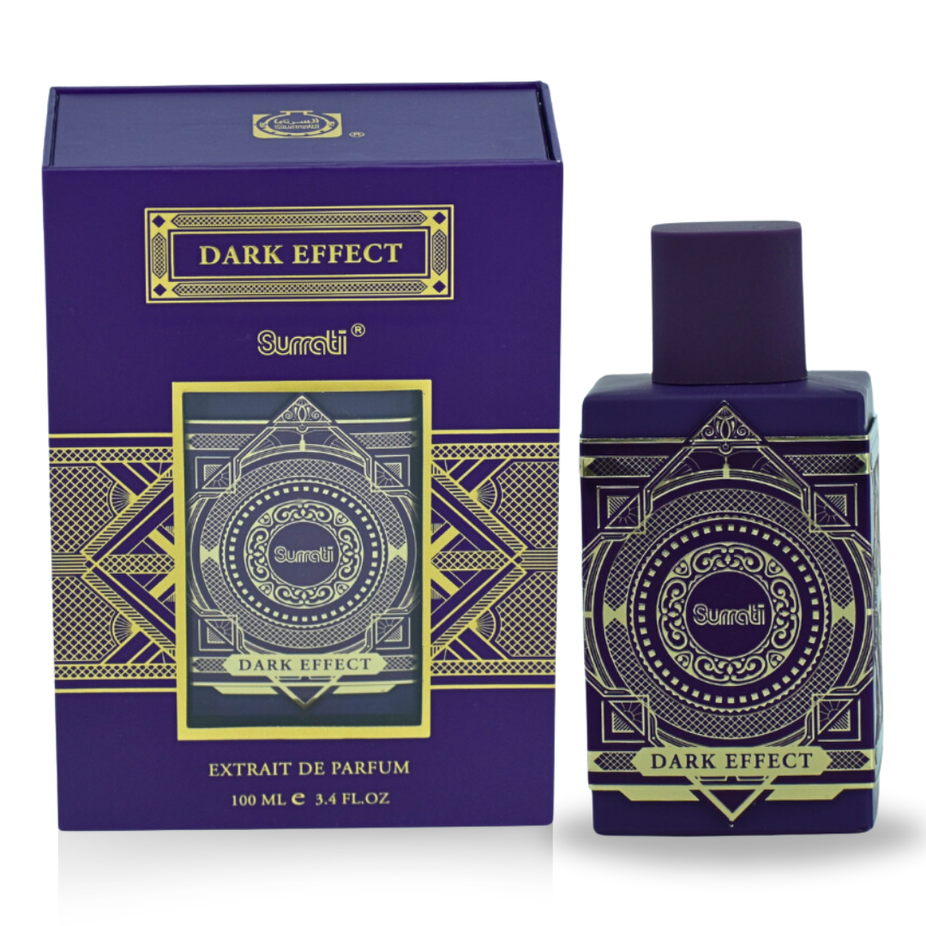 Surrati Dark Effect EDP 100ml, exotic fragrance for men and women, showcasing the perfume bottle with dark-themed design.