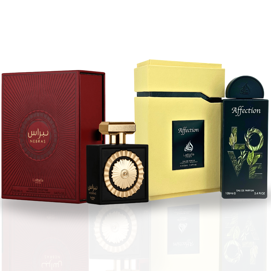Lattafa Pride NEBRAS & AFFECTION unisex EDP spray bundle, 100ml each, featuring elegant packaging and sophisticated scent layering.