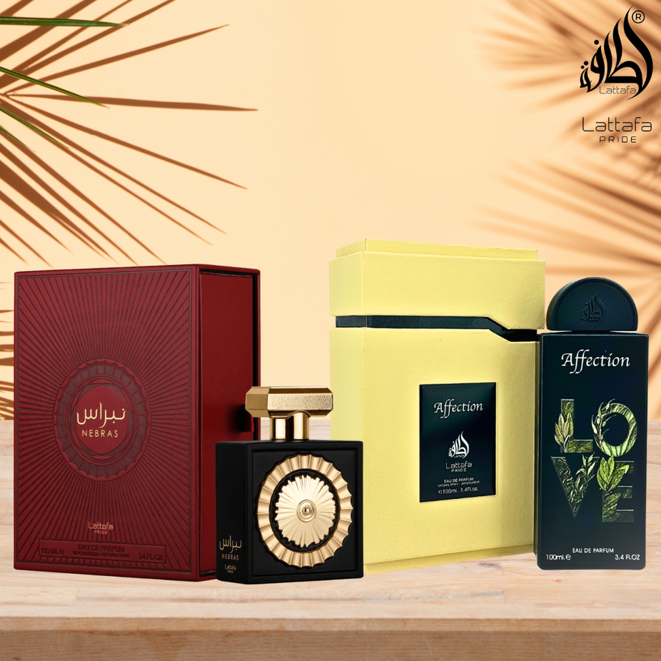 Lattafa Pride NEBRAS & AFFECTION unisex EDP spray bundle in 100ML bottles, showcasing elegant packaging and layered fragrance design.