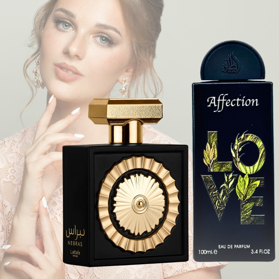 Lattafa Pride NEBRAS & AFFECTION unisex EDP spray bundle, 100ML, showcasing elegant packaging for layered scent experience.