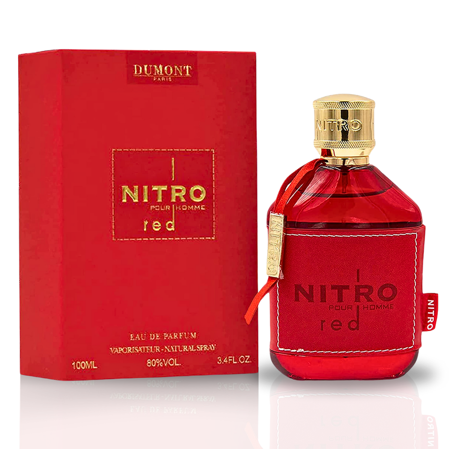 Dumont Paris Nitro Red Eau De Parfum 100ml bottle with fruity, floral, and woody fragrance notes, elegant perfume design
