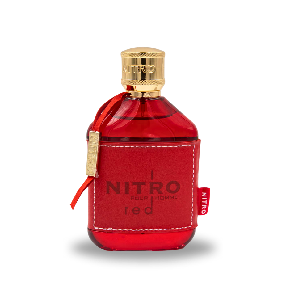 Dumont Paris Nitro Red Eau De Parfum 100ml bottle with fruity, floral, woody scent, elegant design, and vibrant red accents.
