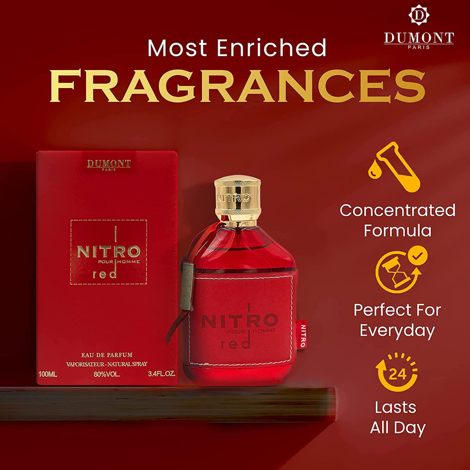Dumont Paris Nitro Red EDP 100ml perfume bottle with floral, fruity, woody scent, showcasing elegant packaging and design.
