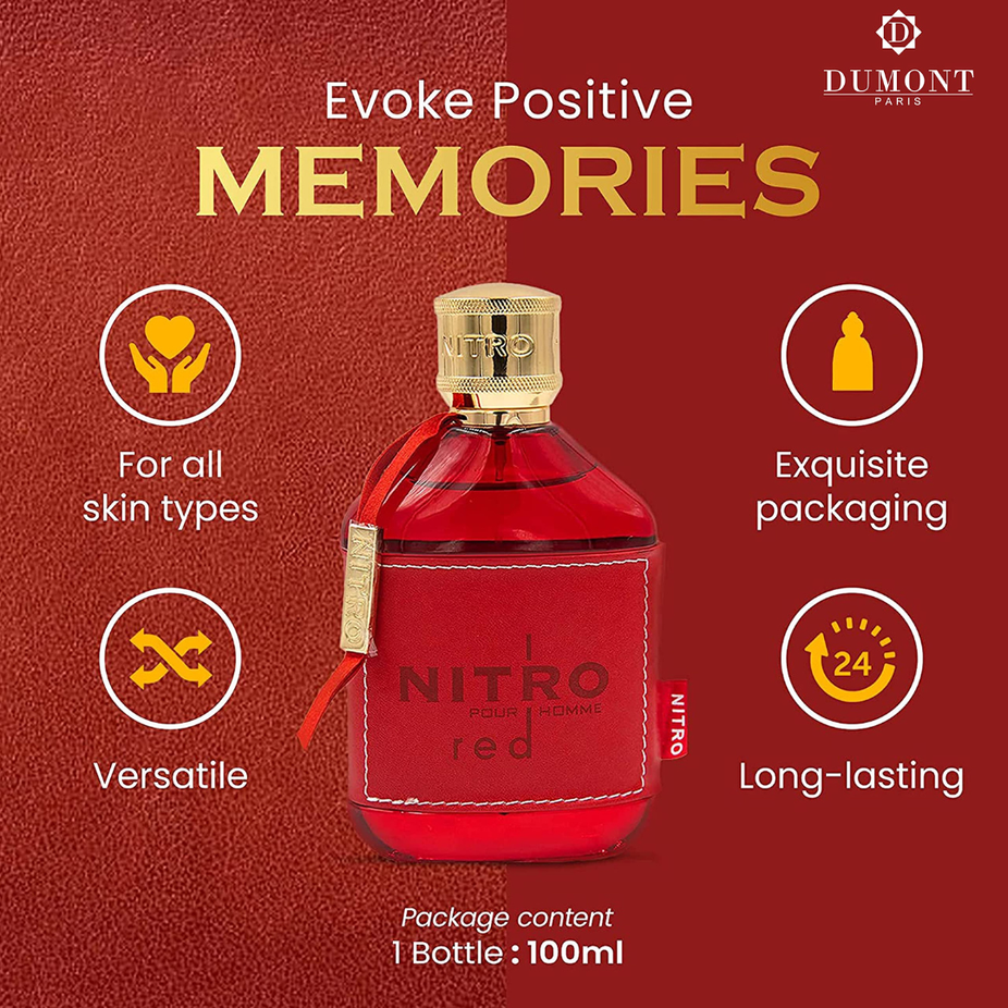 Dumont Paris Nitro Red Eau De Parfum 100ml bottle featuring a fruity, floral, woody fragrance design and packaging.