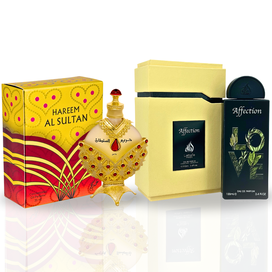 Bundle of Intense Oud Hareem Al Sultan CPO 35ML and AFFECTION EDP Spray 100ML by Lattafa Pride, featuring elegant fragrance bottles.