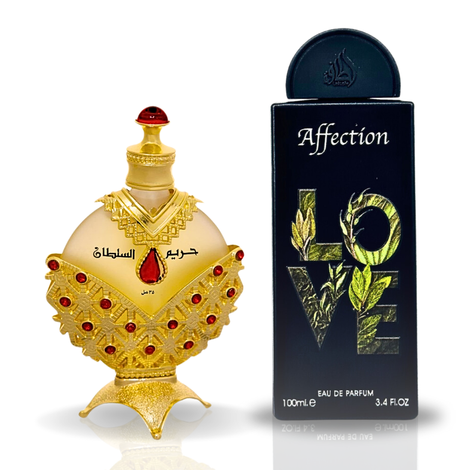 Bundle of Intense Oud Hareem Al Sultan CPO 35ML and AFFECTION EDP 100ML by Lattafa Pride, featuring elegant perfume bottles.