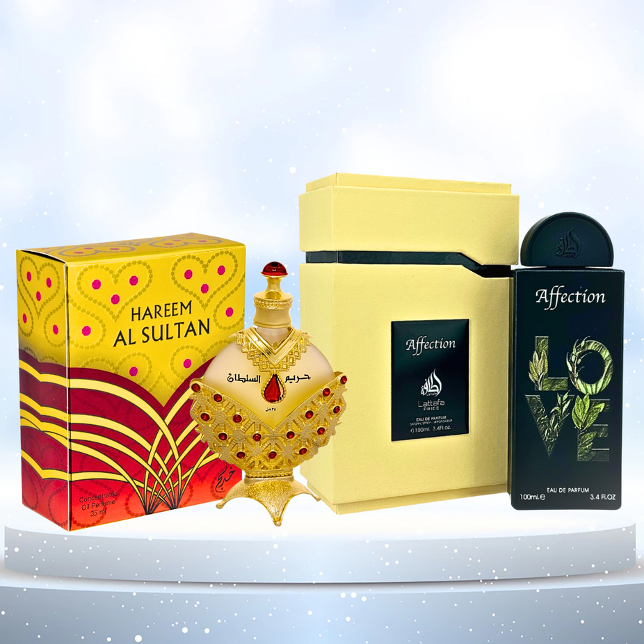 Bundle of Intense Oud Hareem Al Sultan CPO 35ML and AFFECTION EDP 100ML by Lattafa Pride, featuring luxurious perfume bottles.