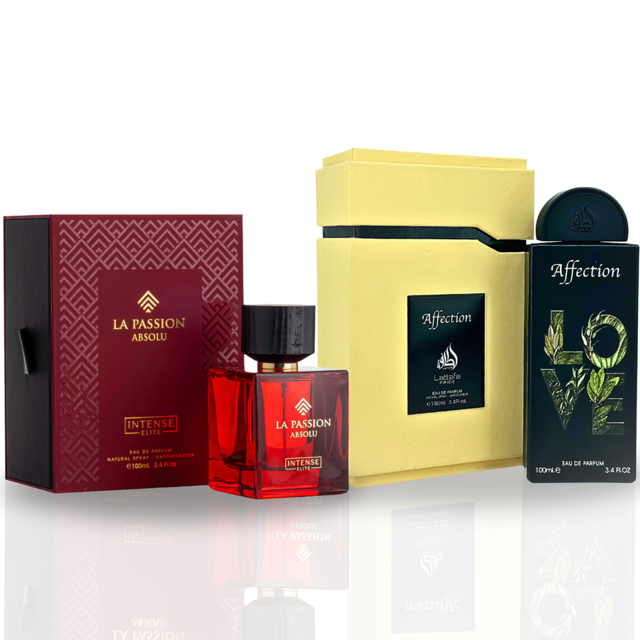 Bundle of two fragrances: AFFECTION EDP Spray by Lattafa Pride and LA PASSION ABSOLU EDP Spray by Intense Oud, 100ML each.