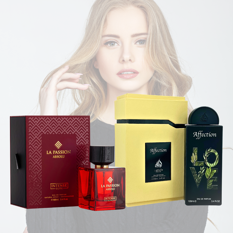 Bundle of two perfume sprays: AFFECTION EDP by Lattafa Pride and LA PASSION ABSOLU EDP by Intense Oud, 100ml each.