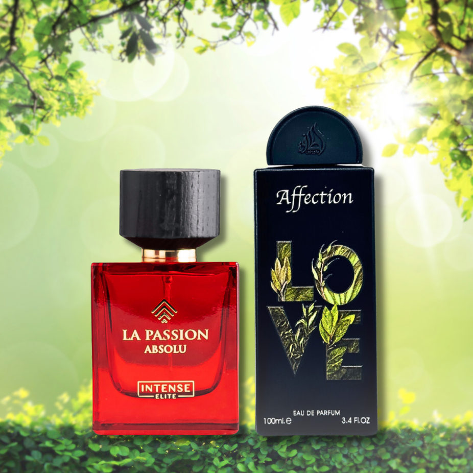 Bundle of Lattafa Affection EDP and Intense Elite La Passion Absolu EDP sprays in 100ml bottles from Intense Oud.