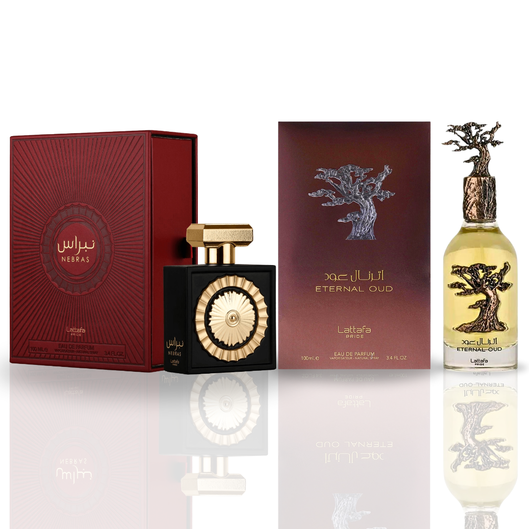 Lattafa Pride NEBRAS & ETERNAL OUD - Unisex EDP Sprays 100ML (3.4OZ), Long Lasting & Luxurious Fragrances For Men & Women. (AMAZING BUNDLE) - Intense Oud